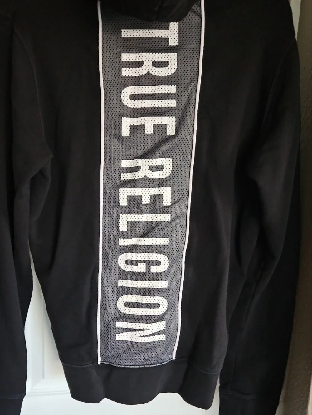 True Religion Men's Full Zip Hoodie Black Mesh Back Spellout Logo Sz Lg